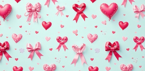 Seamless pattern of pink ribbons and hearts in a charming design, adornments, celebration, fashion