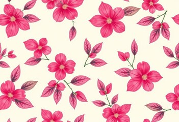 Seamless pink floral leaf pattern on off-white background Retro vintage style summer textile print, graphic, pattern