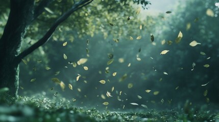 Fototapeta premium Mystical forest scene with falling leaves creating a serene atmosphere