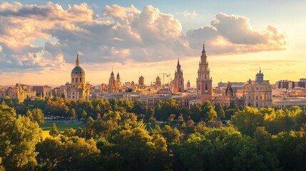 Fototapeta premium Sunset Panorama of Valencia's Skyline: A Golden Hour View of Spanish Architecture and Lush Green Spaces