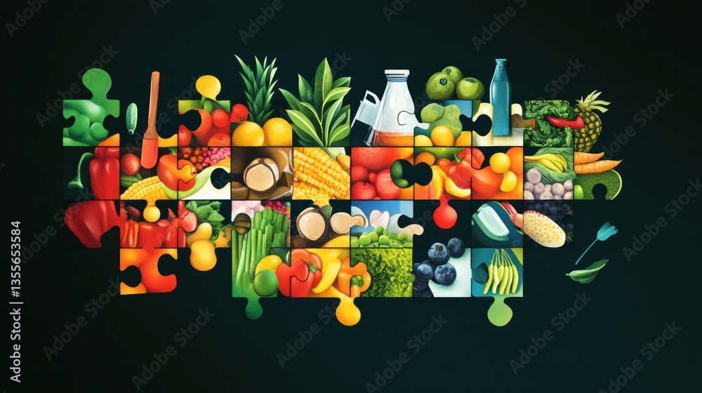 Aufkleber fresh groceries form a vibrant puzzle reflecting a complete shopping experience with modern colors a