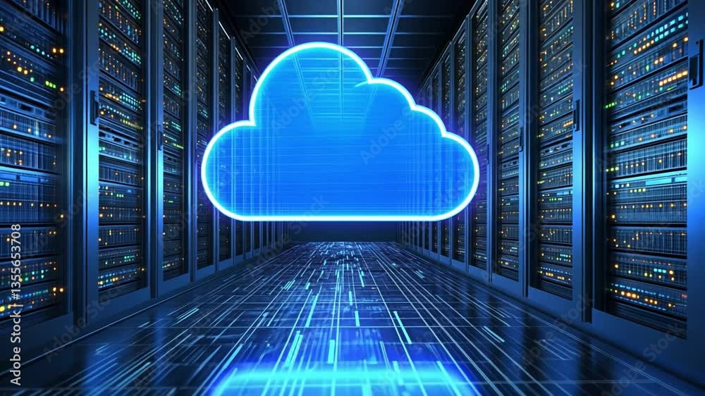 Poster cloud computing in data center: a futuristic image depicts a digital cloud emerging from a server ro