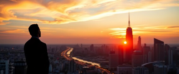 Fototapeta premium Silhouette of a business figure overlaid on a cityscape at sunset, illustration, design