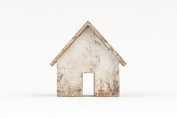 A vintage, weathered house model with a simple design, featuring a door, set against a plain background.