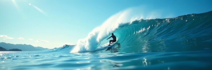 Silhouette of surfer riding a cresting wave under blue sky, seascape, surfing, skill