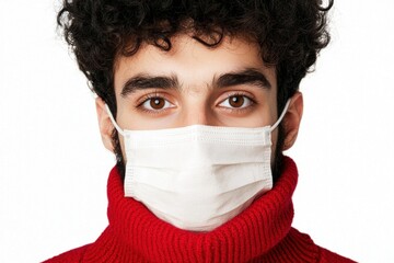 A young man wearing a white mask and a red turtleneck sweater, looking directly at the camera with curly hair and serious expression.