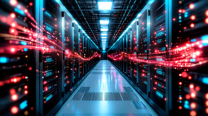 Futuristic Data Center With Glowing Server Racks And Vibrant Data Flow Visualization