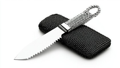 A sleek serrated knife rests on a textured black surface, showcasing its elegant handle and sharp blade design.