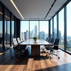 Sleek conference room with expansive windows overlooking city skyline, meeting, urban, work