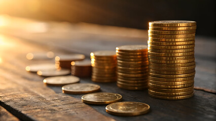 Stacks of Gold Coins in Warm Sunset Light