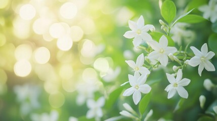 Sunlit White Jasmine Blossoms in Lush Green Foliage