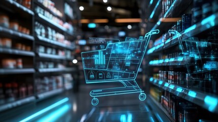 Futuristic smart shopping cart scans products with advanced technology in a modern retail environment