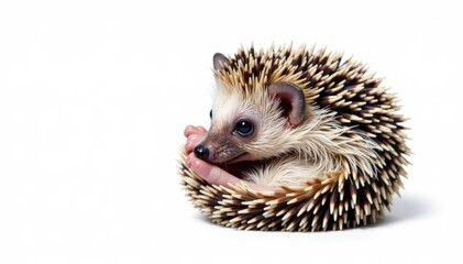 Obraz premium Tiny hedgehog, curled into a ball, isolated on pure white background, creature, backdrop, earthy tones