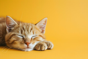 Sleepy Feline Relaxing on Yellow Background with Copy Space