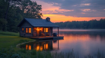 Fototapeta premium Lakeside cabin at sunset, warm light, tranquil lake, wooded shore
