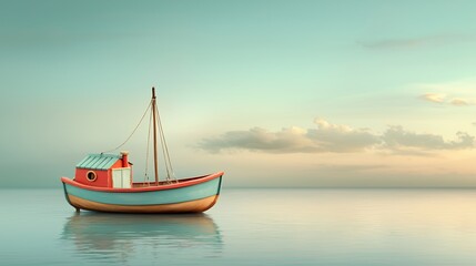 Fototapeta premium Toy Boat on Calm Sea at Sunset