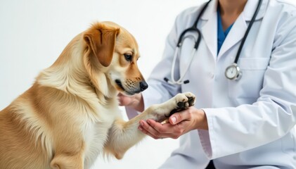 Vet examining pet's paw against white backdrop, help, closeup, vet clinic
