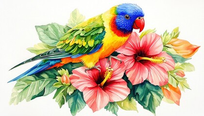Fototapeta premium A vibrant parrot perched on colorful hibiscus flowers, showcasing its vivid plumage against lush green leaves in a detailed watercolor illustration.