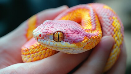 Fototapeta premium Close-up of a vibrant pink and orange snake gently held in hands. Its scales shimmer, and its eye is captivating.