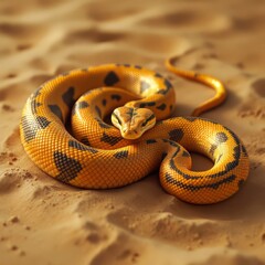 Fototapeta premium Yellow Snake Coiled on Sand Showing Scales and Pattern in Desert Setting