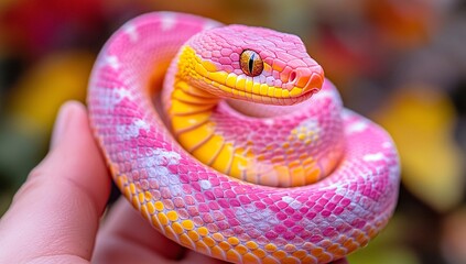 Fototapeta premium Vibrant pink and yellow snake coiled in a person's hand. A captivating close-up.