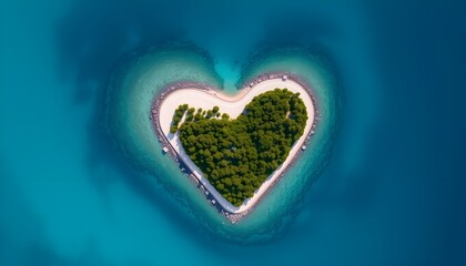 Aerial View of Heart-Shaped Tropical Island with Lush Greenery and Turquoise Ocean