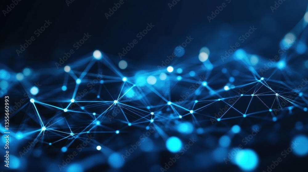 Poster Futuristic digital network concept showcasing layered paper cut style with interconnected nodes and glowing blue gradients in a high-tech environment