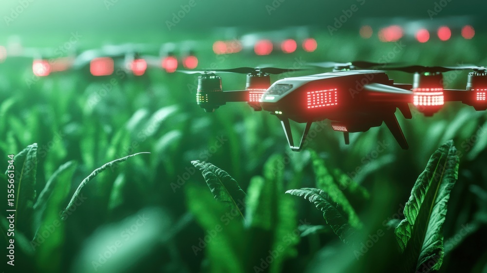 Aufkleber Futuristic drones scan crops in a green agricultural field with glowing sensors for advanced farming technology