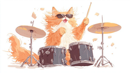 adorable orange cat wearing sunglasses joyfully plays drum set, showcasing its playful spirit and musical talent. scene is lively and fun, perfect for music lovers