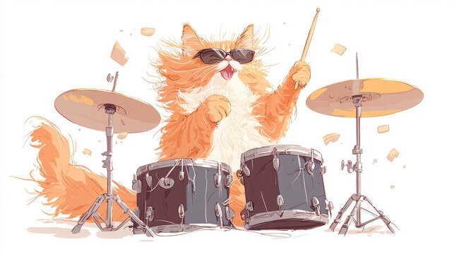 adorable orange cat wearing sunglasses joyfully plays drum set, showcasing its playful spirit and musical talent. scene is lively and fun, perfect for music lovers