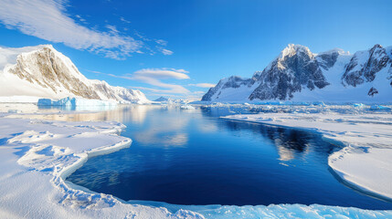Obraz premium stunning landscape featuring frozen tundra with ice covered mountains and serene blue glacial lake reflecting sky. scene evokes sense of tranquility and beauty of nature