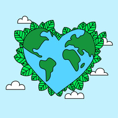 A cartoon illustration of the Earth shaped like a heart, surrounded by green leaves and white clouds against a light blue background.