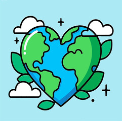The Earth is shaped like a heart with leaves and clouds, showing care for the planet