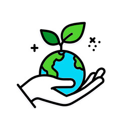 A hand holds the Earth with a small plant growing on top, symbolizing care for the environment.