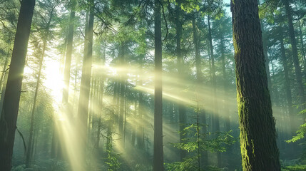 Fototapeta premium serene forest scene with sun rays piercing through tall trees, creating mystical atmosphere. soft light enhances lush greenery, evoking sense of peace and tranquility