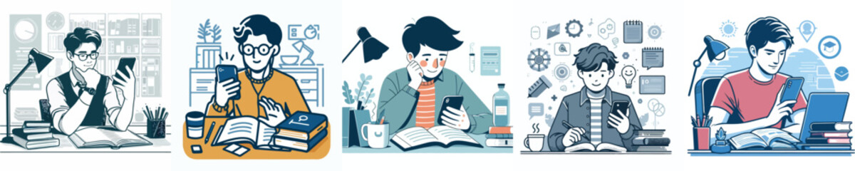 a group of young people vector playing smartphone while studying