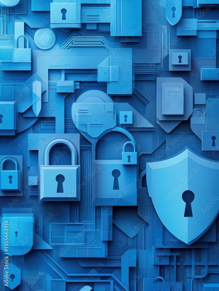 Aufkleber Cybersecurity concepts represented in paper art style featuring locks, codes, and shields with modern blue gradients for a cutting-edge visual experience