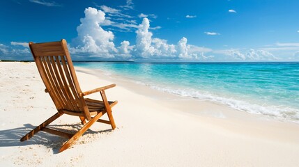 Wooden Beach Chair on Pristine White Sand Beach Under Sunny Sky