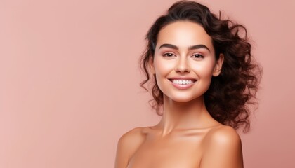 Obraz premium Portrait Smiling woman with brown curls on a pink background