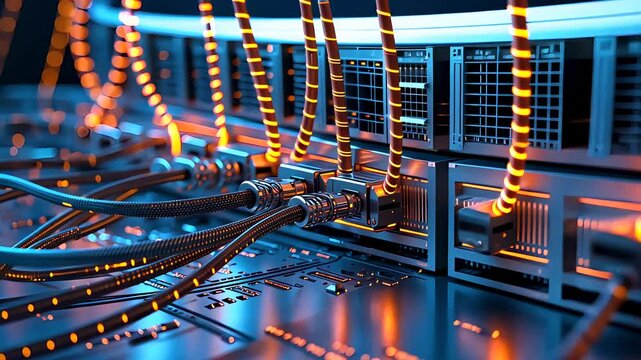 Glowing data cables plugged into high-tech server inside futuristic data center