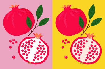 Vibrant hand-drawn vector illustration of fresh pomegranate with seeds