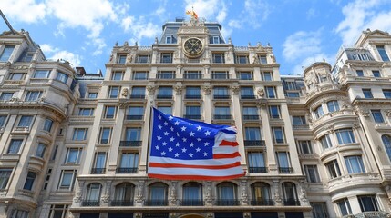 Obraz premium Historic hotel facade with American flag