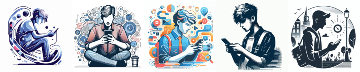 A group of young men vectors are playing with smartphones