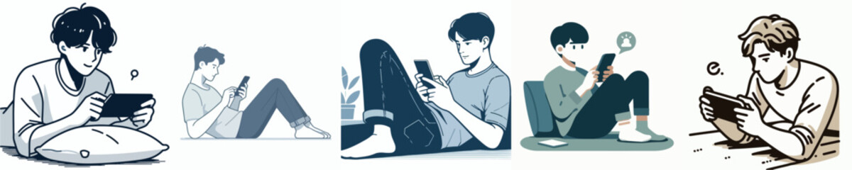 a group of young men vector playing smartphone while lying down