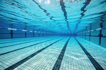 Underwater view of an empty swimming pool with blue water and lane markings for training and competition