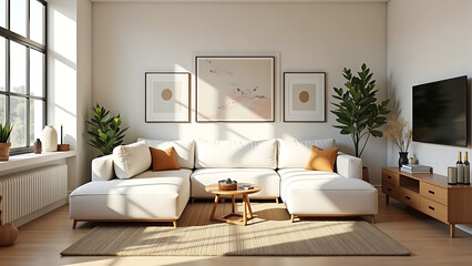Modern and Inviting Living Room Interior with Modular White Sofa, Wooden Furniture, Artistic Decor, and Cozy Personal Touches