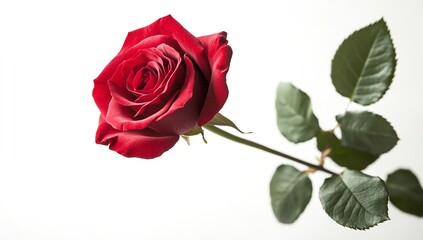 Fototapeta premium Single red rose against a white background. Elegant and romantic.