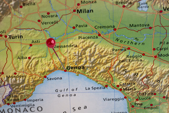 Colorful tourist location map with red stick pin at Genoa, Italy and the surrounding area