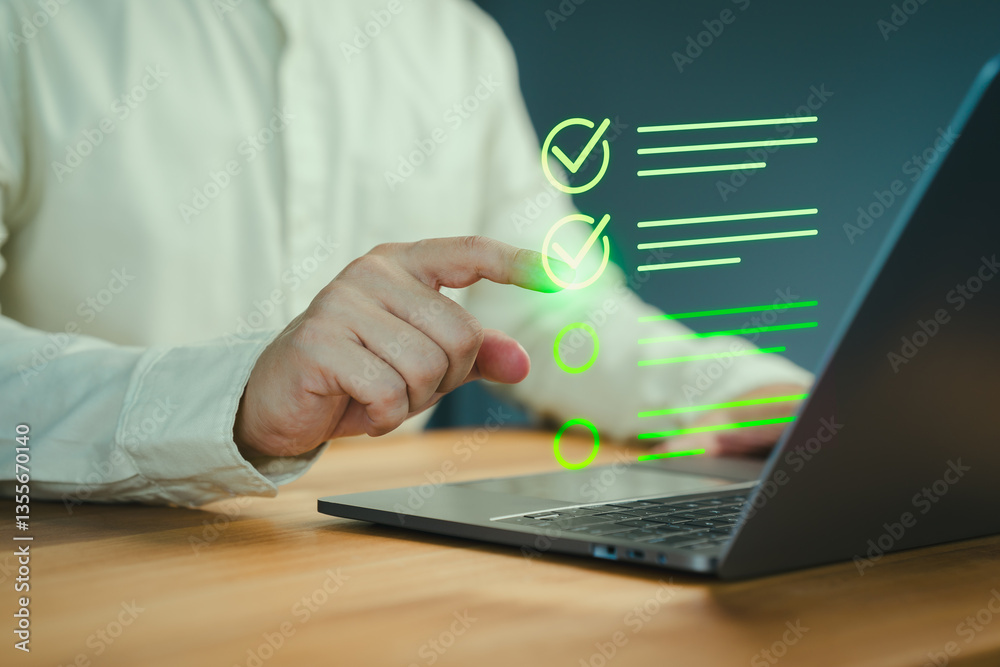 Fototapete User hand pointing at a virtual checklist with completed tasks on a laptop, Concept of task management, service, quality control, productivity, and efficient work processes in a digital environment.
