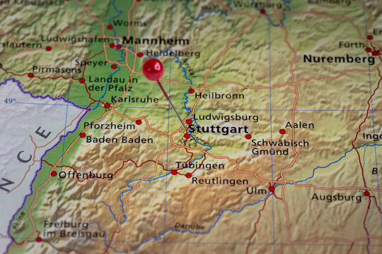 Colorful tourist location map with red stick pin at Stuttgart, Germany and the surrounding area